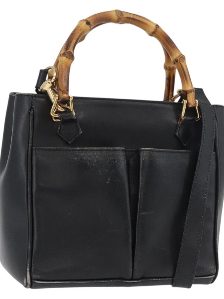 Gucci Bamboo Hand Bag Leather 2way Black Gold 001 123 1638 Auth 175334